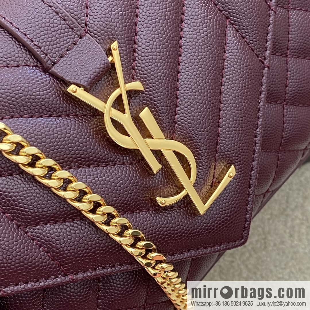 YSL new 𝑬𝒏𝒗𝒆𝒍𝒐𝒑𝒆# small 21CM original grain embossed quilted pattern leather envelope bag wine model: 600915 red ball pattern/gold buckle