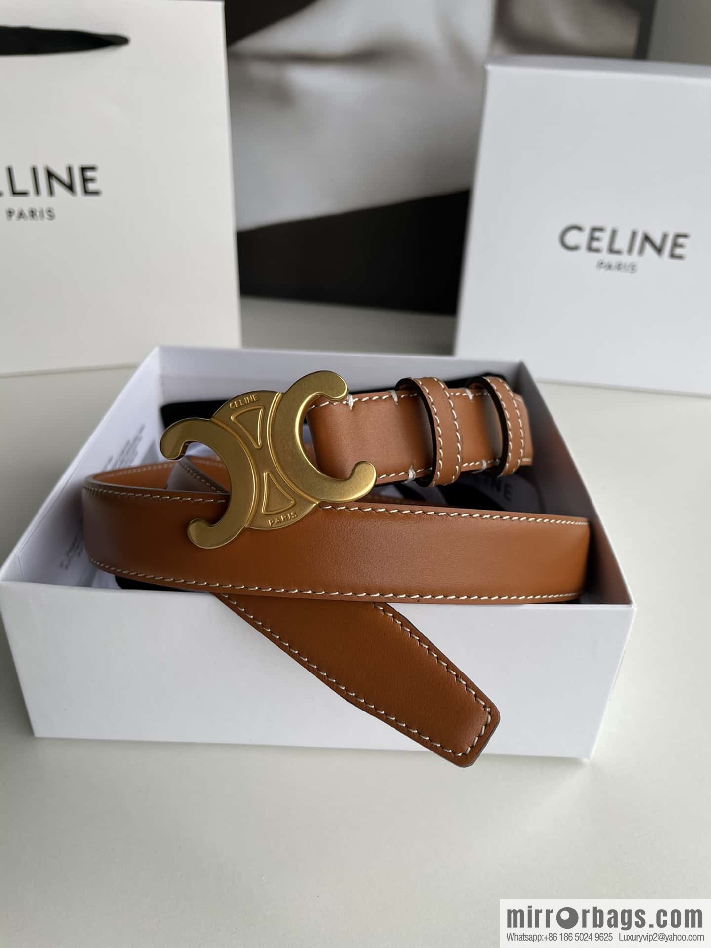 CELINE Arc de Triomphe logo gold buckle trendy belt 2.5cm