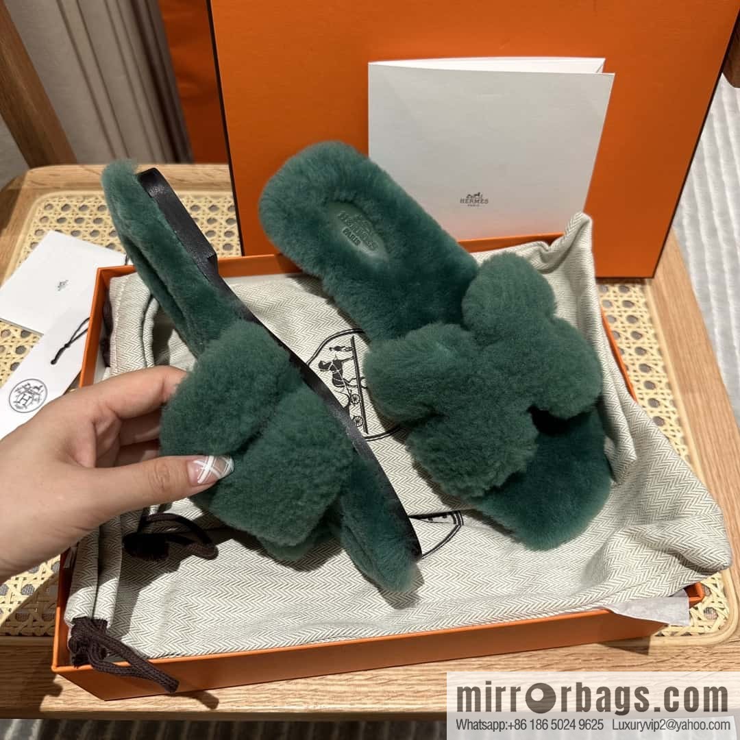 Hermès mink slippers, green
