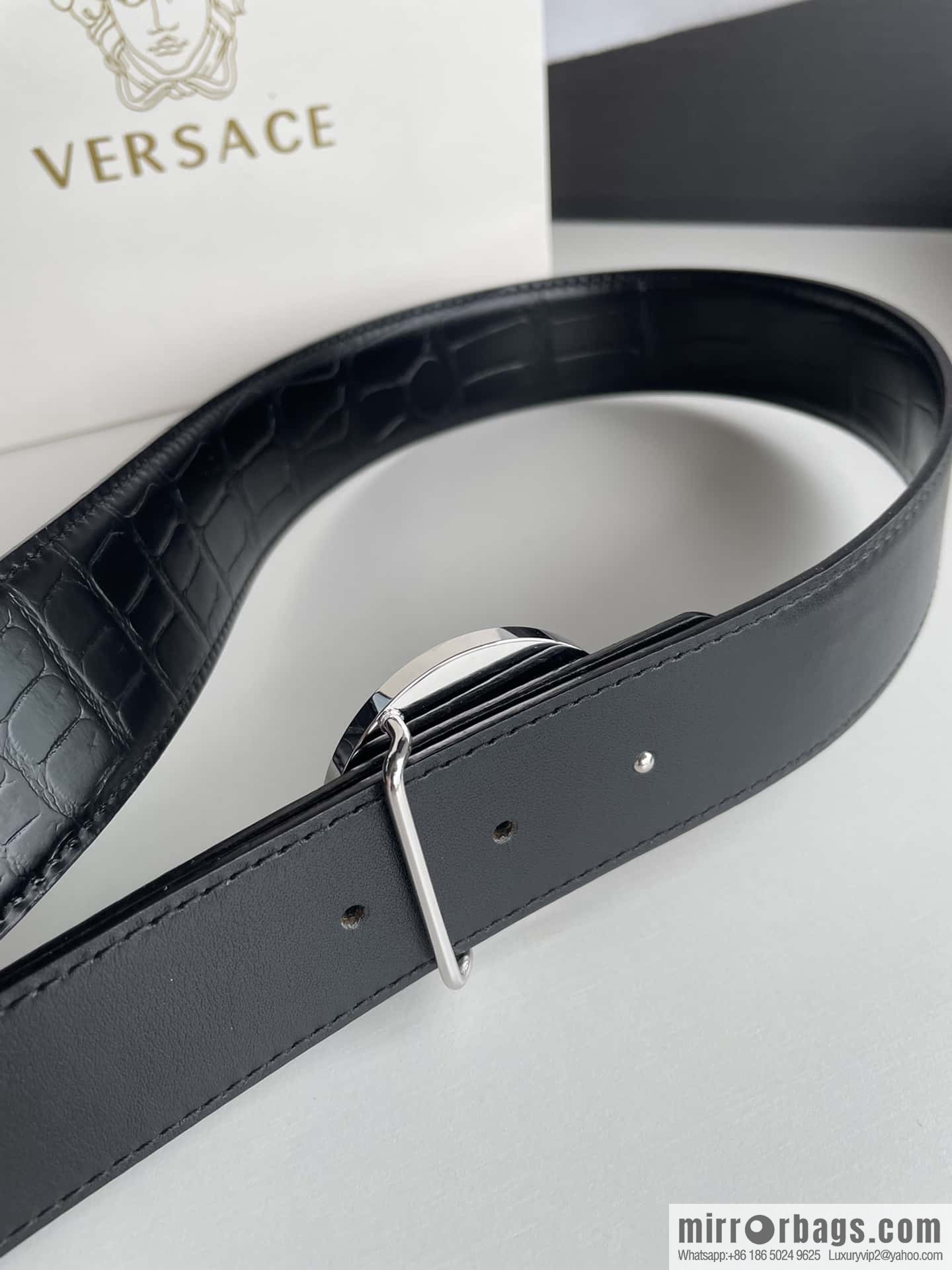 VERSACE Versace, Men's Black Cowhide Crocodile Textured Belt 3.8cm