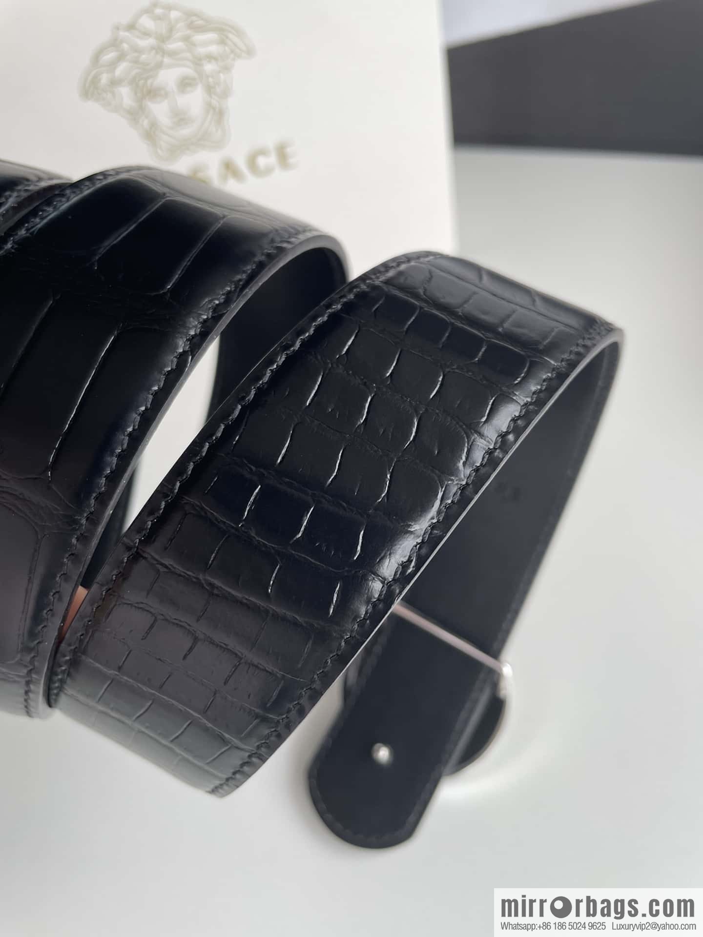 VERSACE Versace, Men's Black Cowhide Crocodile Textured Belt 3.8cm