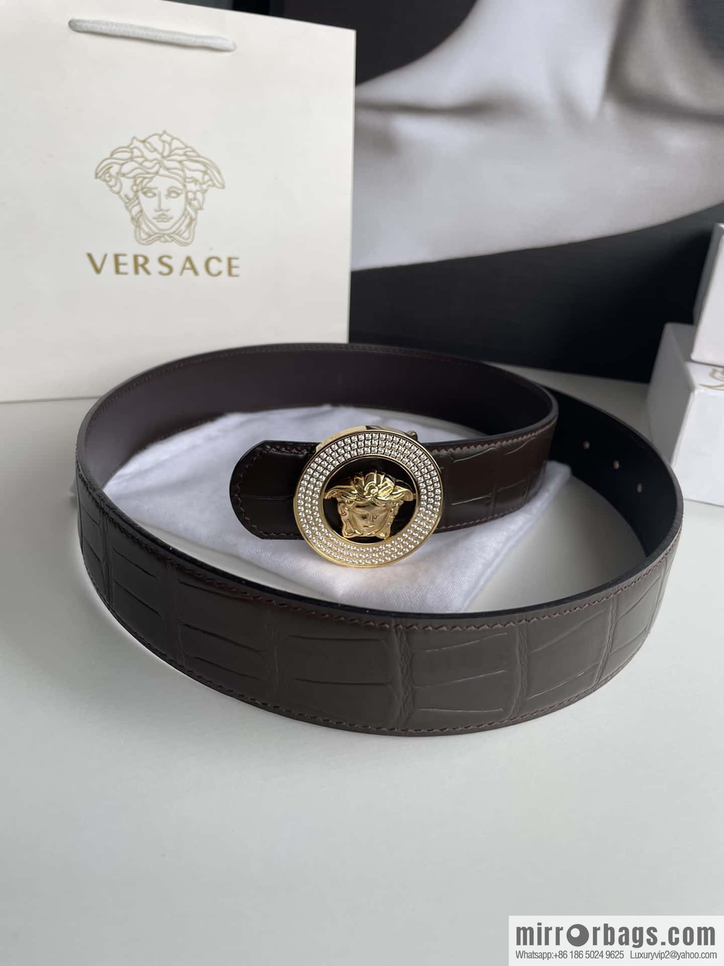 VERSACE Versace, Men's Black Cowhide Crocodile Textured Belt 3.8cm