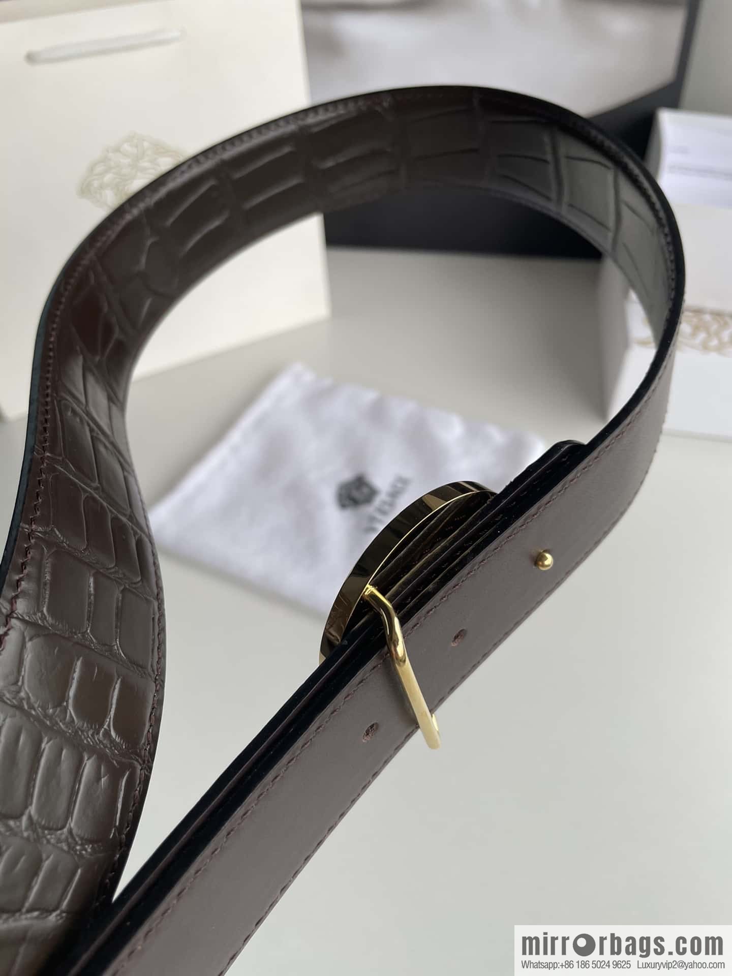 VERSACE Versace, Men's Black Cowhide Crocodile Textured Belt 3.8cm