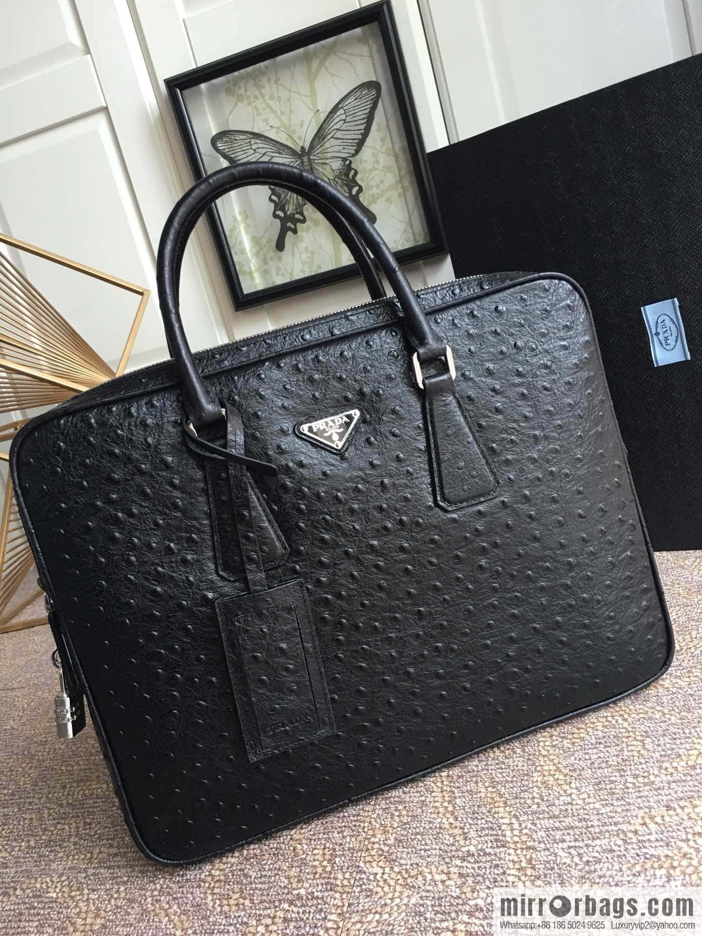 PRADA imported leather ostrich pattern briefcase 2VE368 black