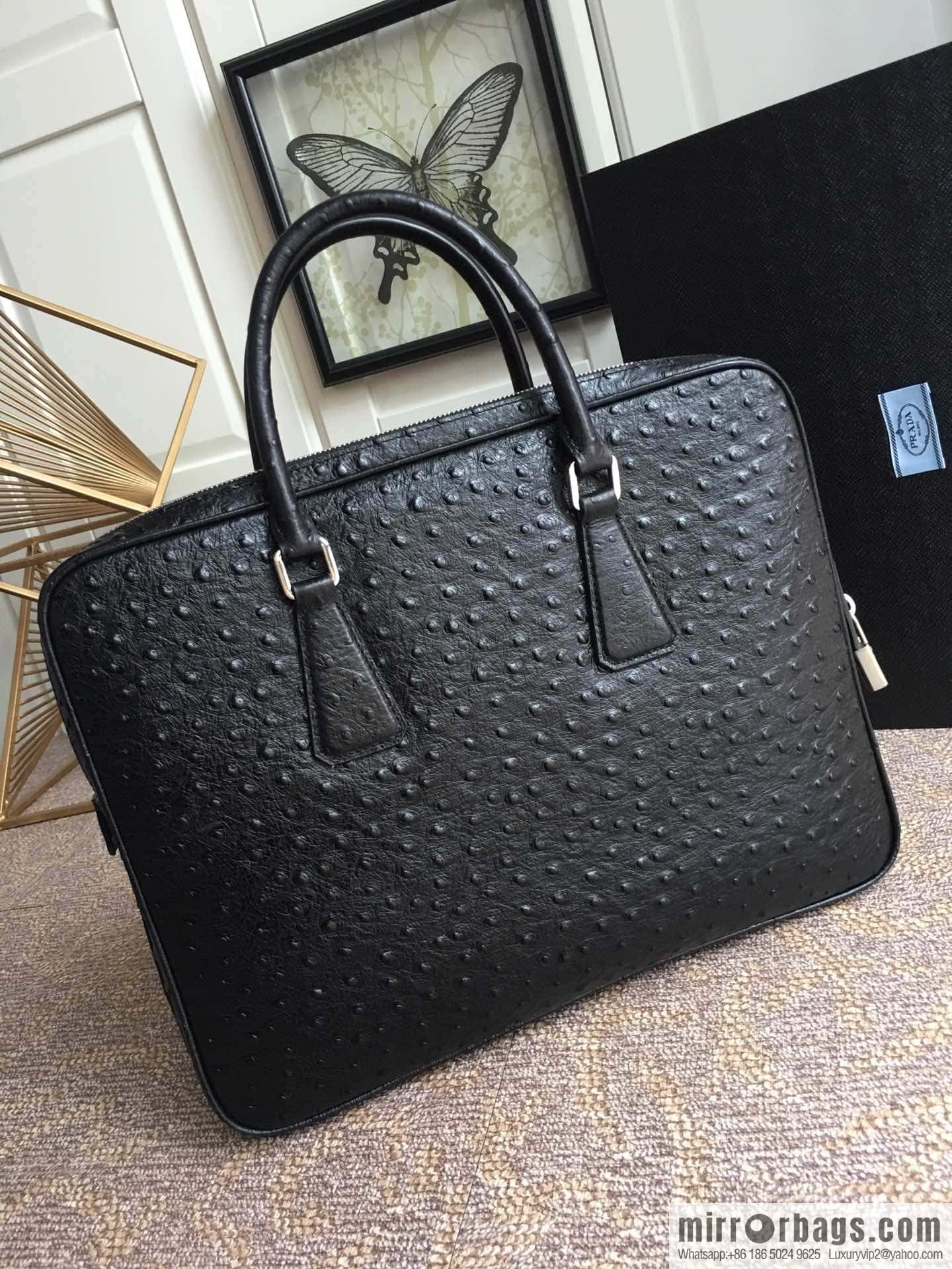 PRADA imported leather ostrich pattern briefcase 2VE368 black