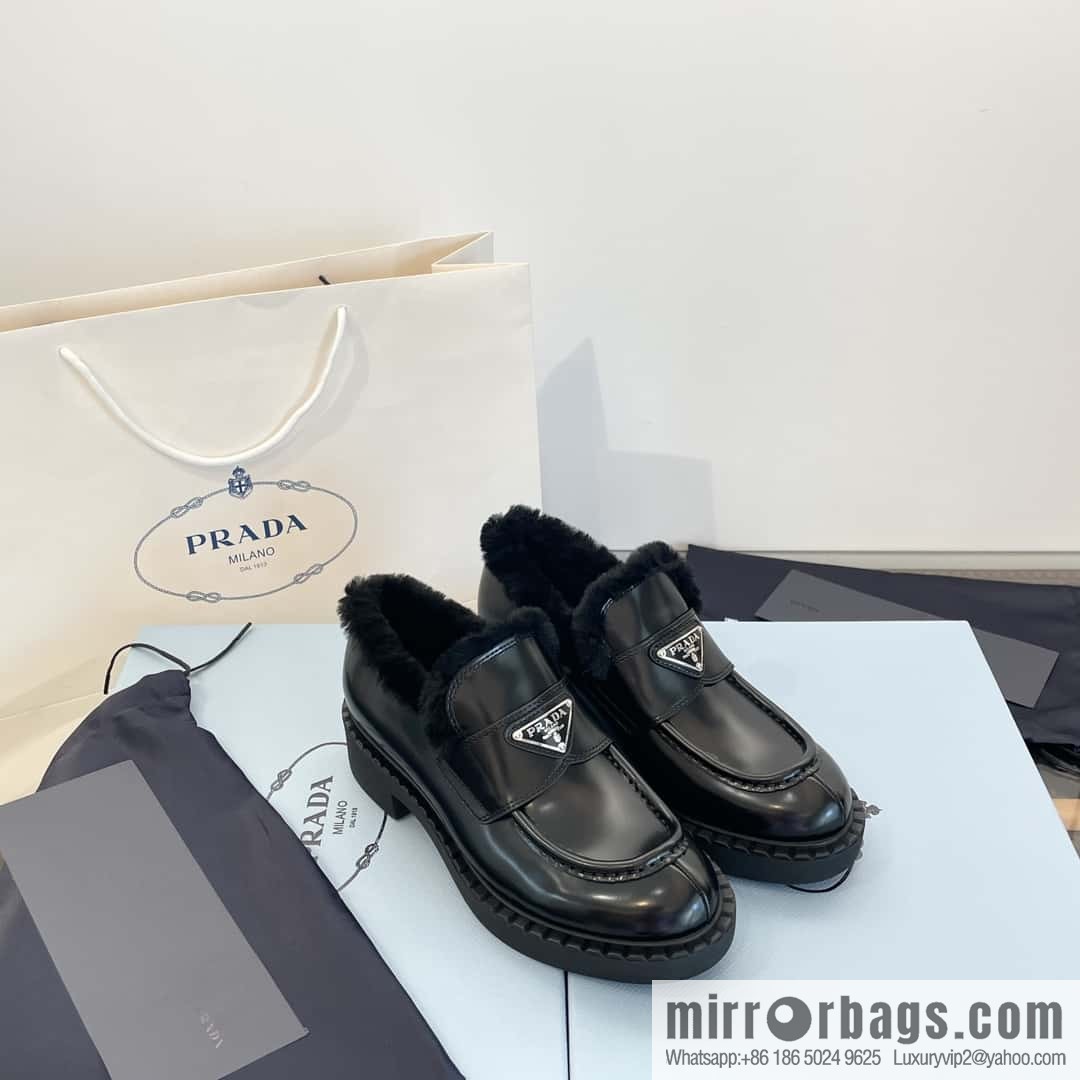 PRADA autumn and winter triangle standard wool and fleece platform loafers