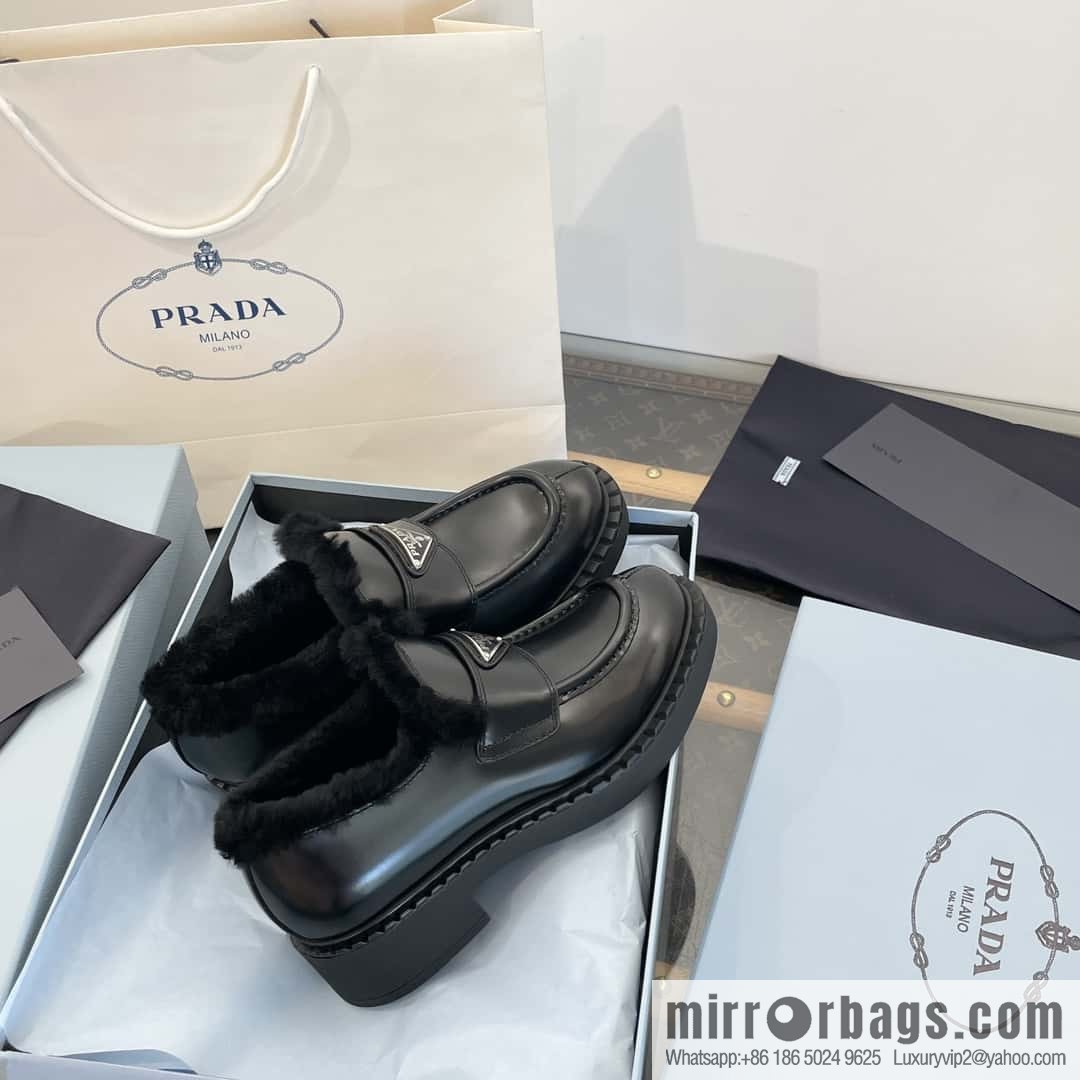 PRADA autumn and winter triangle standard wool and fleece platform loafers
