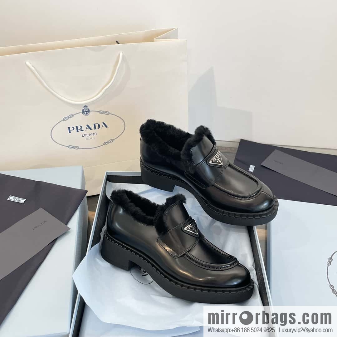 PRADA autumn and winter triangle standard wool and fleece platform loafers