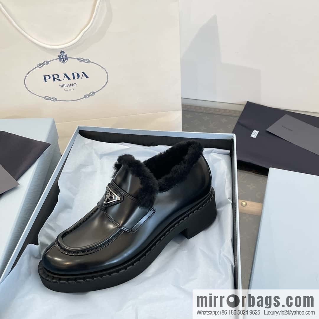 PRADA autumn and winter triangle standard wool and fleece platform loafers