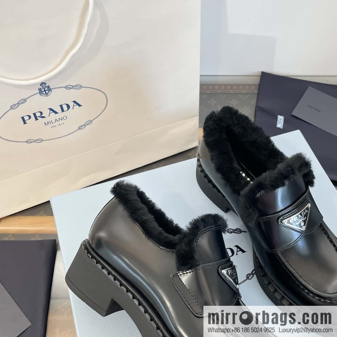 PRADA autumn and winter triangle standard wool and fleece platform loafers