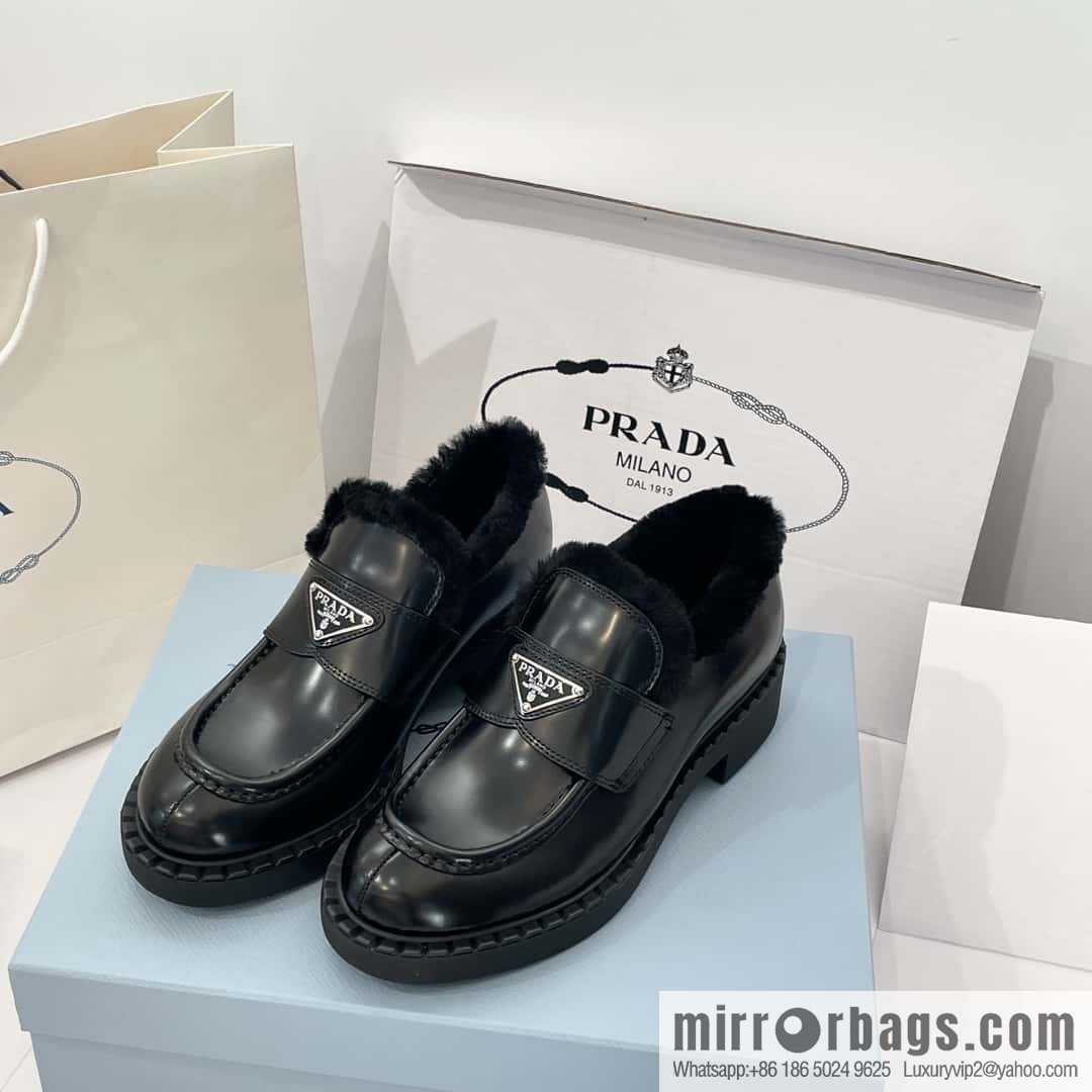 PRADA autumn and winter triangle standard wool and fleece platform loafers