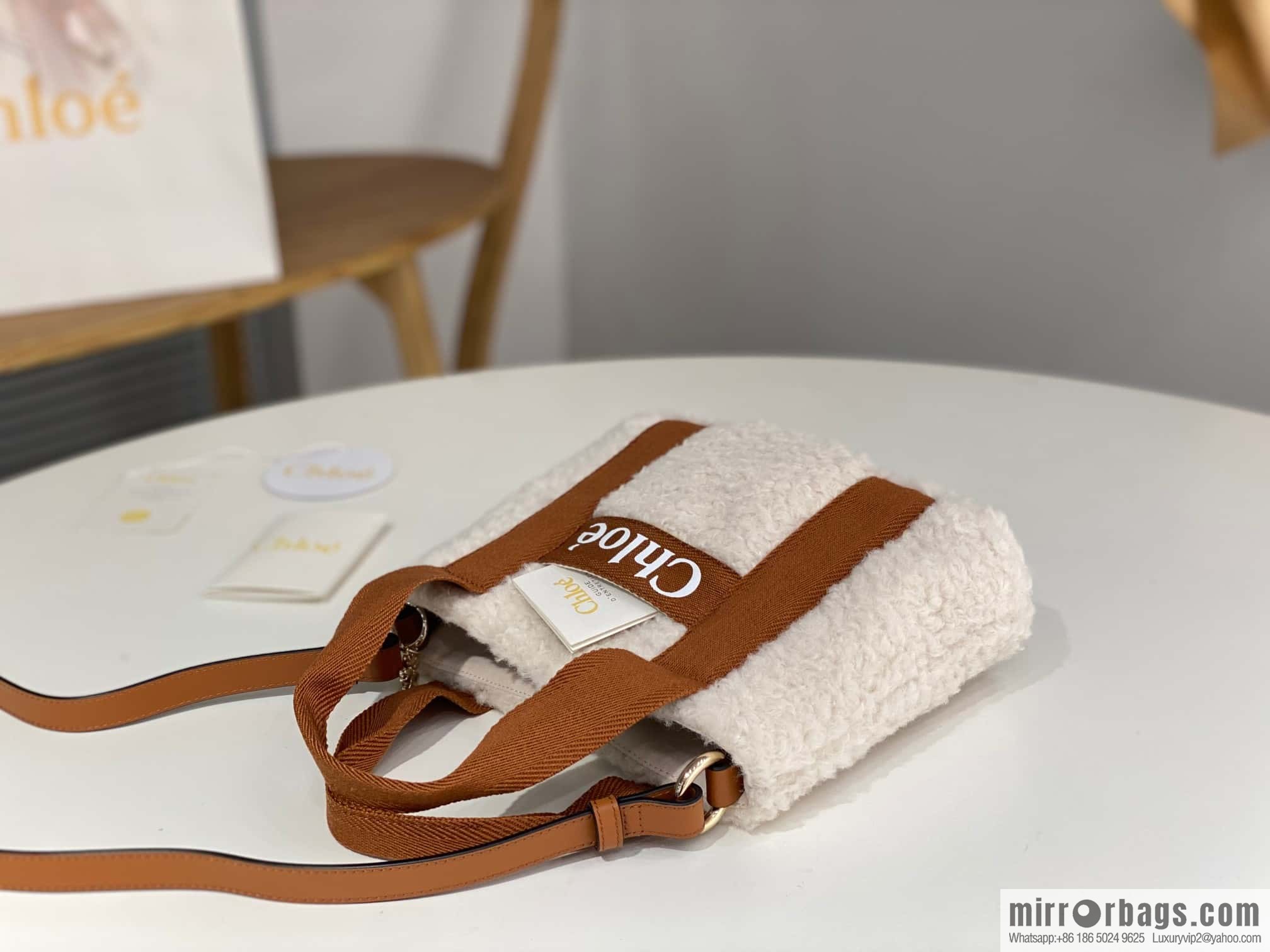 Chloe Woody Lamb Feather Tote Bag, Brown 25CM