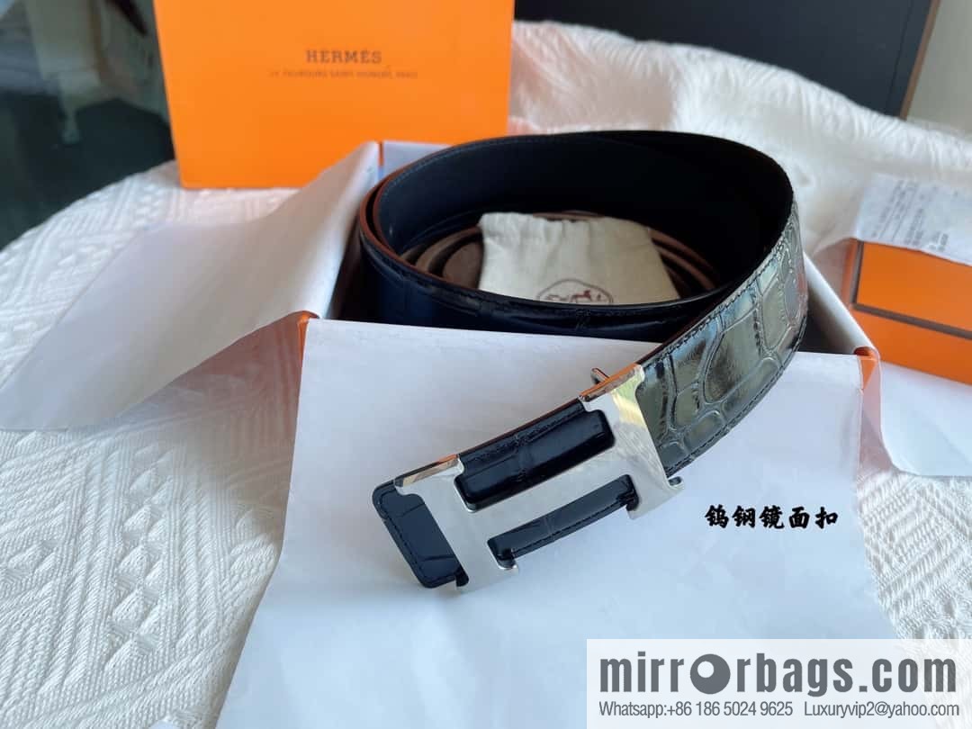 Hermès, imported leather pressed alligator leather bottom men's 38cm belt