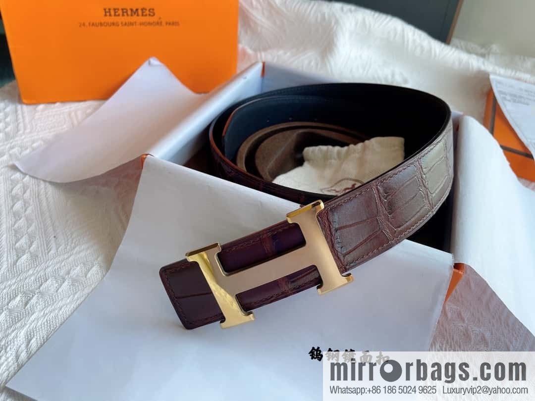 Hermès, imported leather pressed alligator leather bottom men's 38cm belt