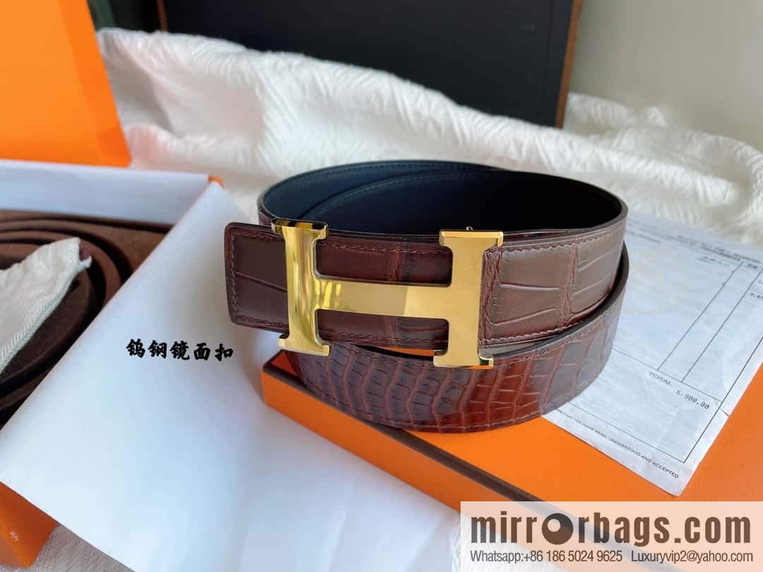 Hermès, imported leather pressed alligator leather bottom men's 38cm belt