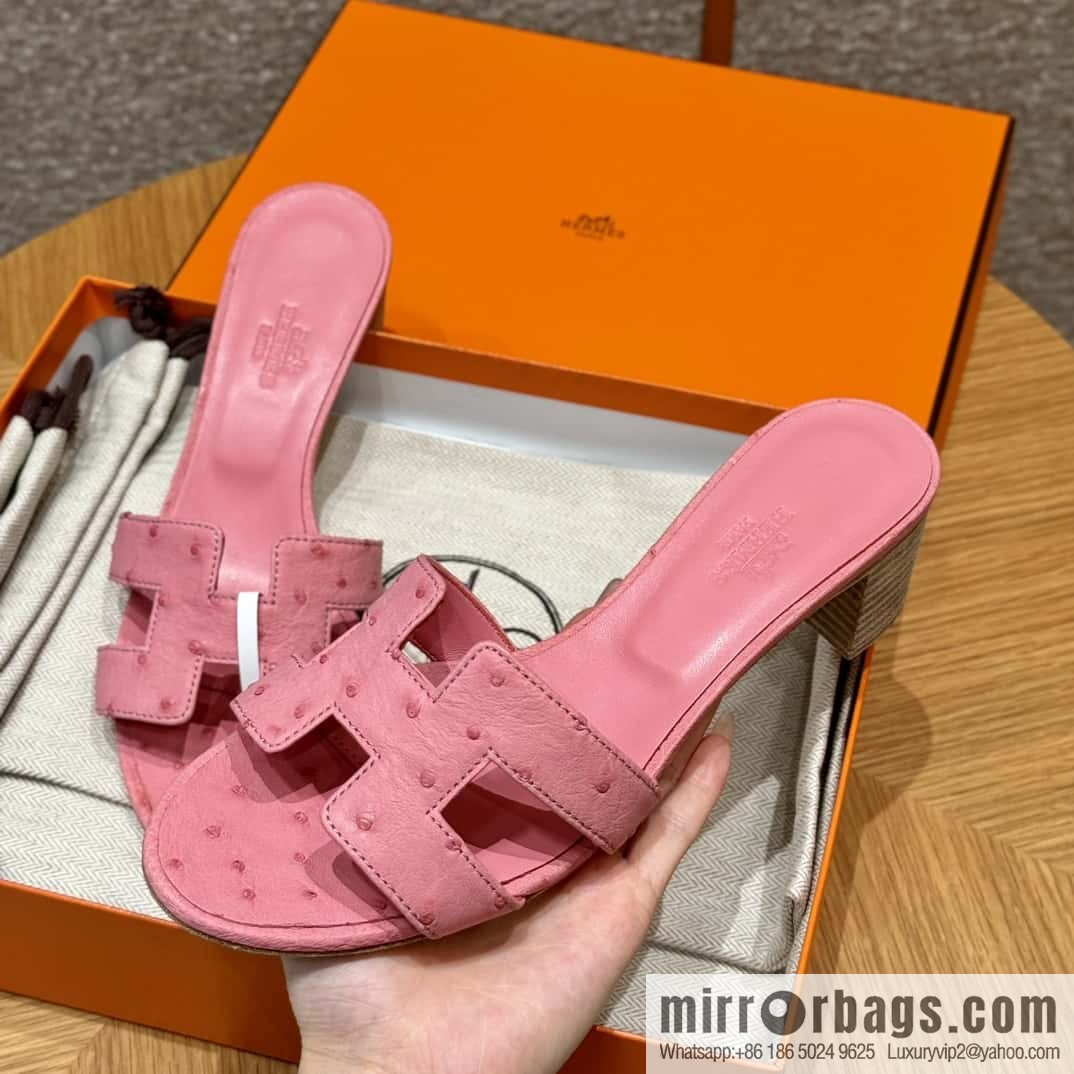 Hermès 185 Oasis High Heel Sandals, Bubble Powder/L4/Bubble gum Ostrich 🐦/Ostrich