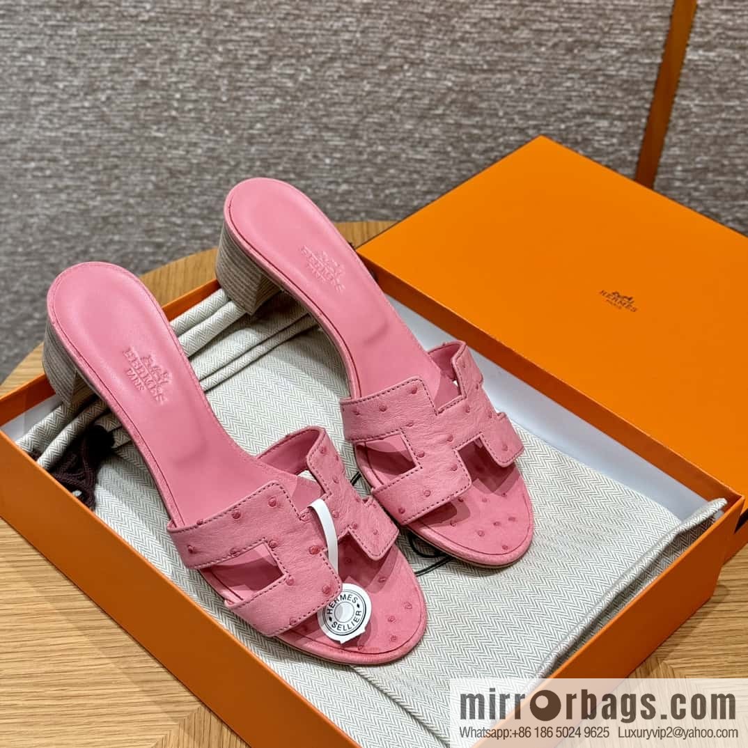 Hermès 185 Oasis High Heel Sandals, Bubble Powder/L4/Bubble gum Ostrich 🐦/Ostrich