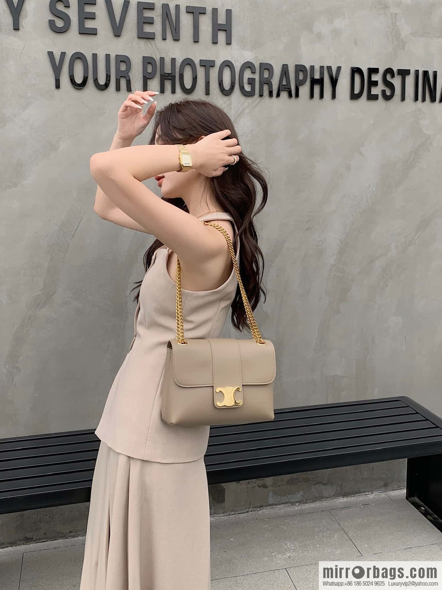 CELINE VICTOIRE medium soft cow leather (fabric) handbag 115853 apricot