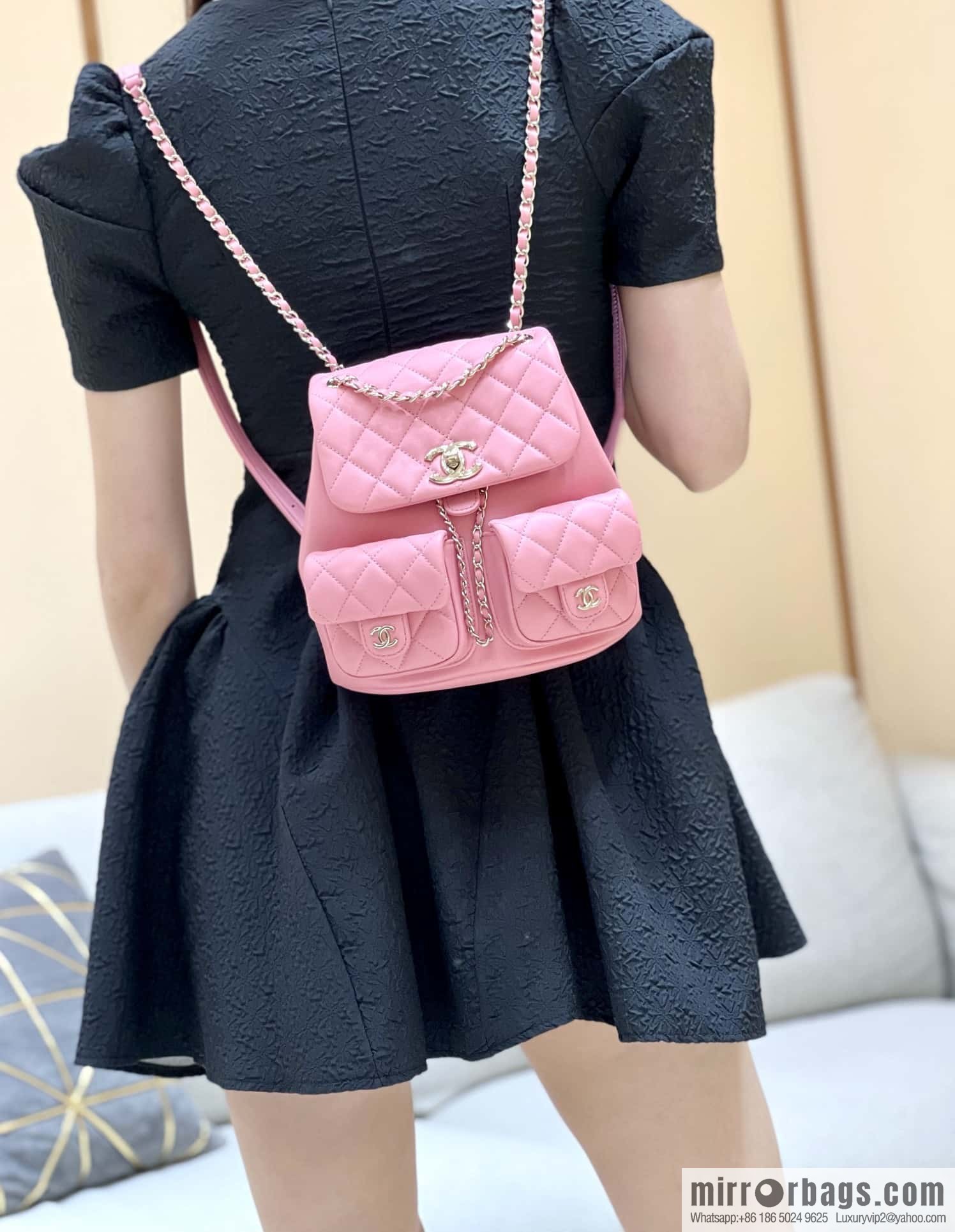 CHANEL 23P super hot frog double backpack AS3860 plain weave pink