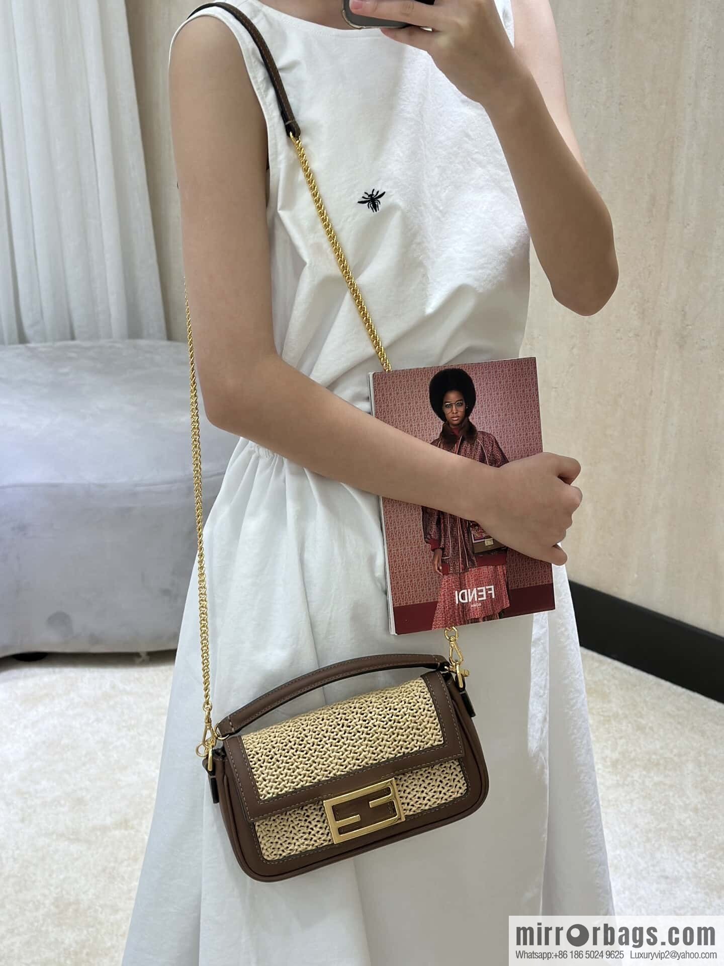 FENDI Baguette hand-woven raffia handbag, model number: 8666S red-brown