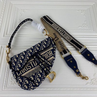 Replica Dior Navy/Gray Oblique Embroidery Saddle Bag