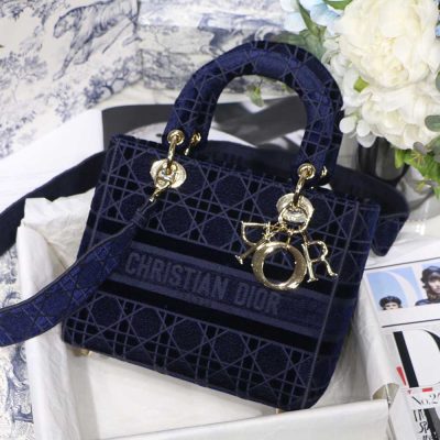 Replica Dior Aaa-D-Blue Velvet Medium Lady D-Lite Bag M8002/Embroidery