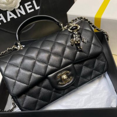 Alternative view of Replica Chanel Lambskin Mini Flap Bag With Top Handle Black As2431 With Charms