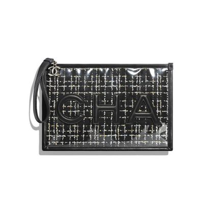 Replica Chanel Large Tweed Pvc Logo Pouches Ap0360