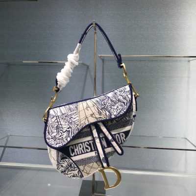 Replica Christian Dior Saddle Bag In Blue Camouflage Embroidery M0446