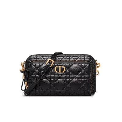 Replica Dior Caro Double Pouch Black Supple Cannage Calfskin M9237