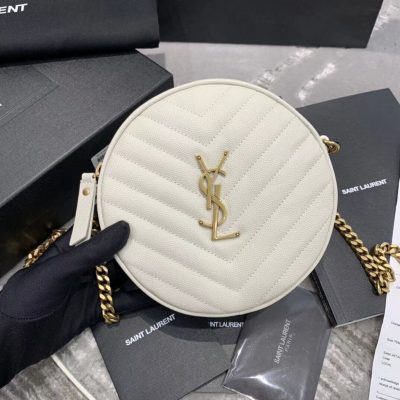 Replica Saint Laurent Vinyle Round Camera Bag In Chevron-Quilted Grain Leather 6104361
