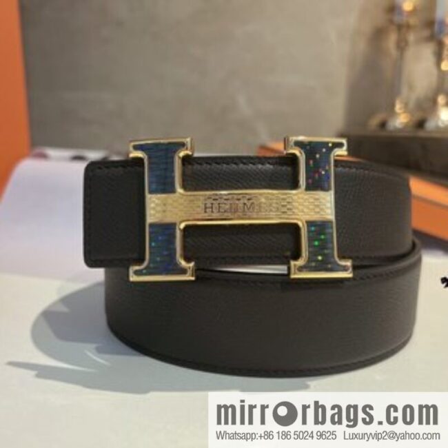 Hermes, stainless steel fiber sheet material cowhide palm texture belt men 3.8cm