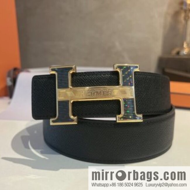 Hermes, stainless steel fiber sheet material cowhide palm texture belt men 3.8cm