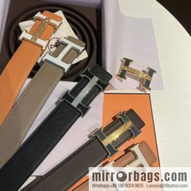 Hermes, stainless steel fiber sheet material cowhide palm texture belt men 3.8cm