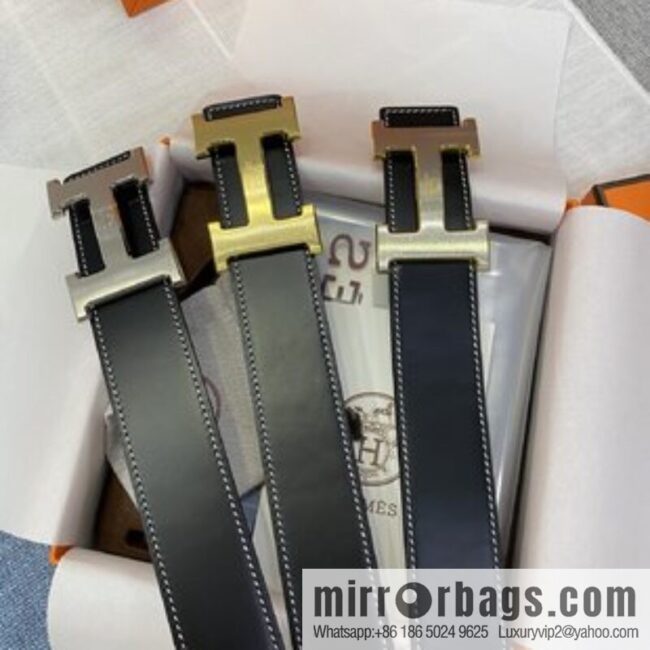 Hermès, stainless steel horse-drawn carriage micro-welding process button head buckle, double-sided delicate cowhide belt