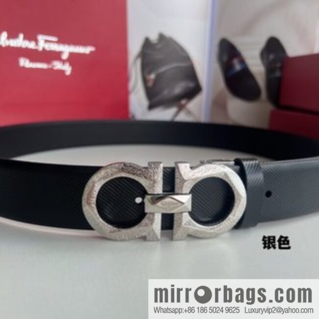 Ferragamo Ferragamo, first layer cowhide embossed pattern Gancini pattern metal buckle men\'s 3.5cm belt