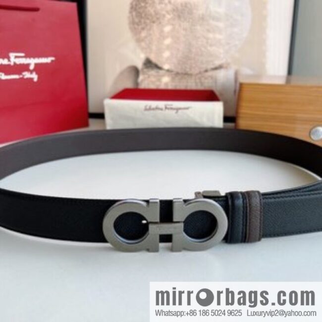 Ferragamo Ferragamo, Classic Black Coffee Triple Sandwich Metal Buckle Men\'s 3.5cm Belt