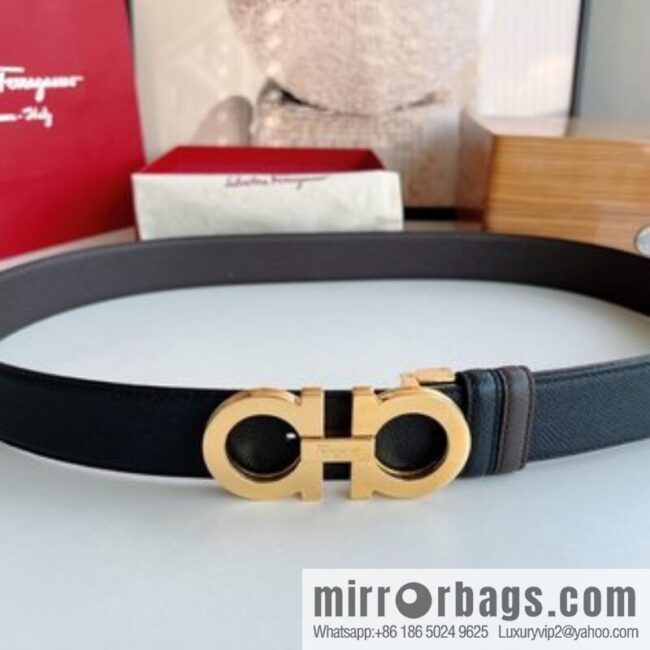 Ferragamo Ferragamo, Classic Black Coffee Triple Sandwich Metal Buckle Men\'s 3.5cm Belt