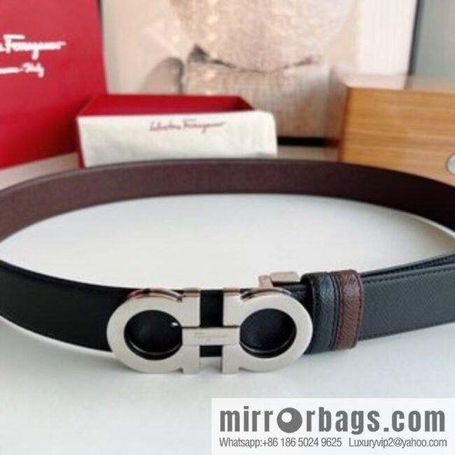 Ferragamo Ferragamo, Classic Black Coffee Triple Sandwich Metal Buckle Men\'s 3.5cm Belt