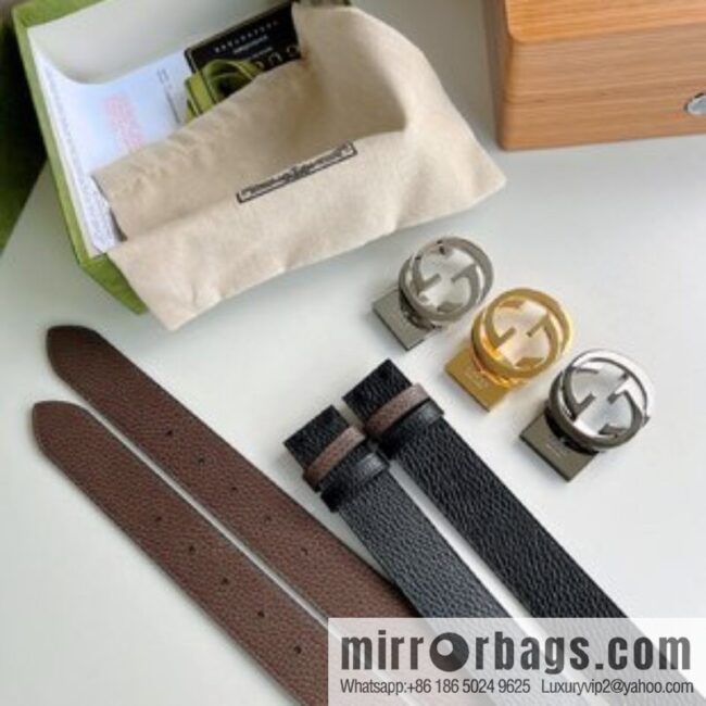 Gucci Gucci 3.5cm full leather black coffee double G gold/silver buckle belt