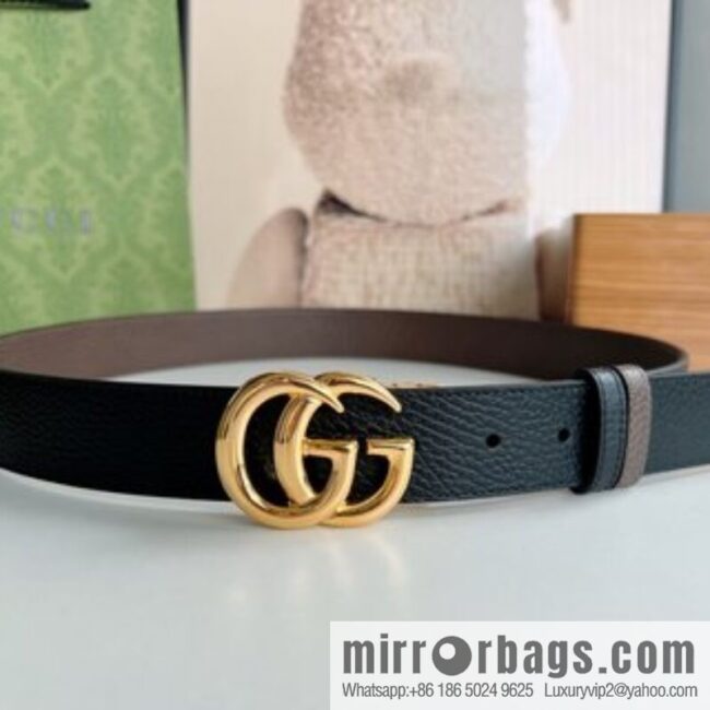 Gucci Gucci 3.5cm full leather black coffee double G gold/silver buckle belt