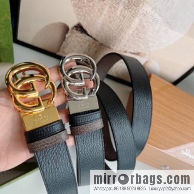 Gucci Gucci 3.5cm full leather black coffee double G gold/silver buckle belt