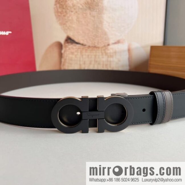 Salvatore Ferragamo Men\'s 3.5cm Exquisite Double Ring Metal Triple Clamp Buckle with First Cowhide Double Sided Belt