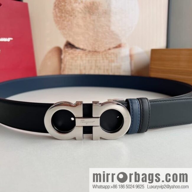 Salvatore Ferragamo Men\'s 3.5cm Exquisite Double Ring Metal Triple Clamp Buckle with First Cowhide Double Sided Belt