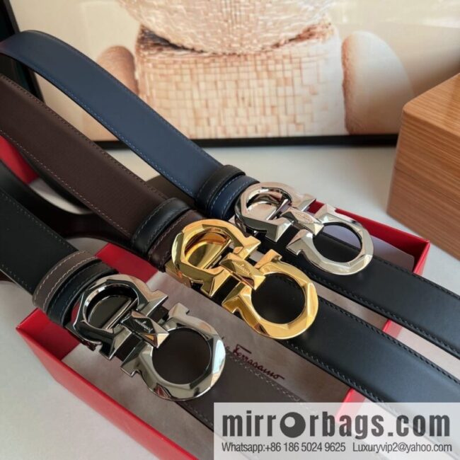 Salvatore Ferragamo Men\'s 3.5cm Delicate Double Circle Original Rhombus Buckle with First Cowhide Double Sided Belt