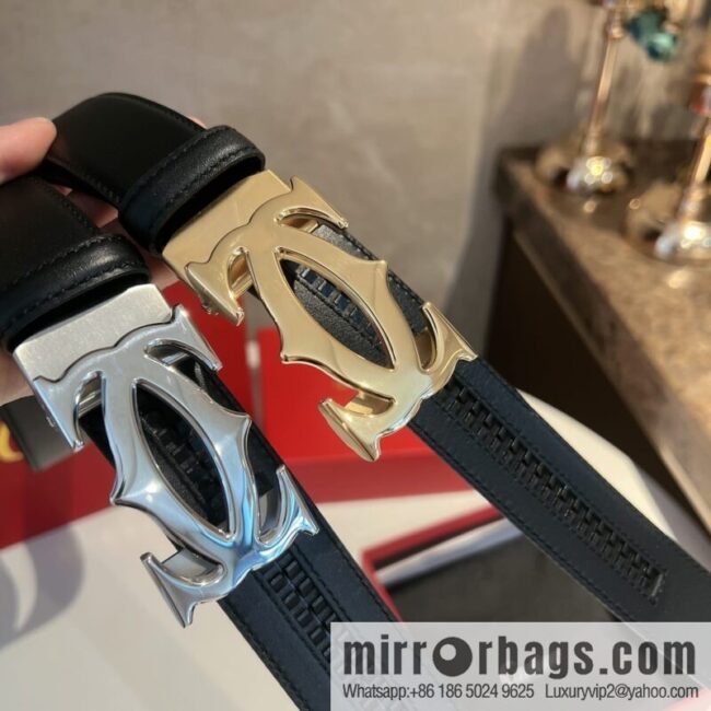 Cartier Men\'s 3.5cm Classic Stainless Steel Double C Automatic Buckle, Double Sided First Cowhide Belt Alveolar Belt