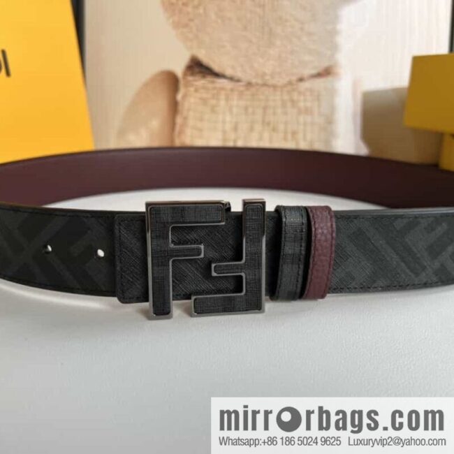 FENDI\'s latest extraordinary creative gradual change printing dark blue double FF cowhide belt 4.0cm