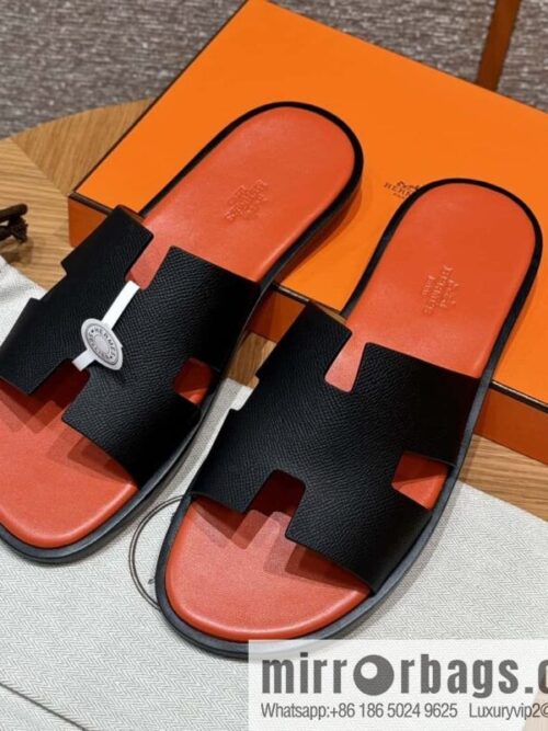wsxc1720024524426_0-800x800kdbp05h5ur550998_20250630002814.jpg HERMES 182 -Lzmir Men\'s slippers, cowhide/Epsom black/ck89/with orange feet