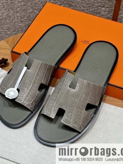 wsxc1725288853331_0-800x800ovjiuxezrd411005_20250625041643.jpg HERMES 182 -Lzmir Men\'s slippers Men\'s slippers, turtledove gray/ck81/with tin ash foot pad alligator/crocodile🐊