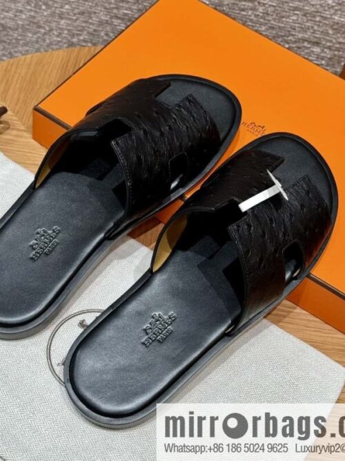 wsxc1725288958986_0-800x800ja3g0cwuiom10985_20250625041632.jpg HERMES 182 -Lzmir Men\'s slippers, black/89/Black/with black foot pads, ostrich 🐦/Ostrich